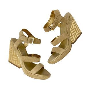 KATE SPADE New York Farryn Beige Gold Suede Geometric Wedge Espadrilles